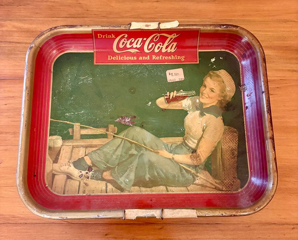 Lot 379: Original 1940 Coca-Cola Fishing Girl Lithographed Tin Serving Tray
