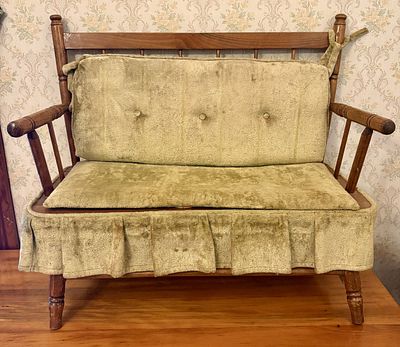 Vintage American Colonial Revival Style Wooden Settee Storage Bench with Olive Green Upholstery. 