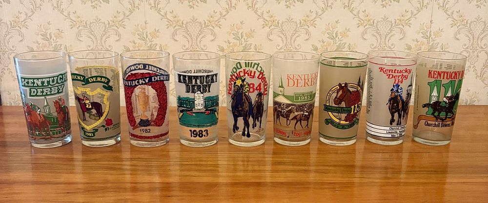 Lot 399: A Collection of Nine Official Kentucky Derby Mint Julep Glasses from 1980 to 1989