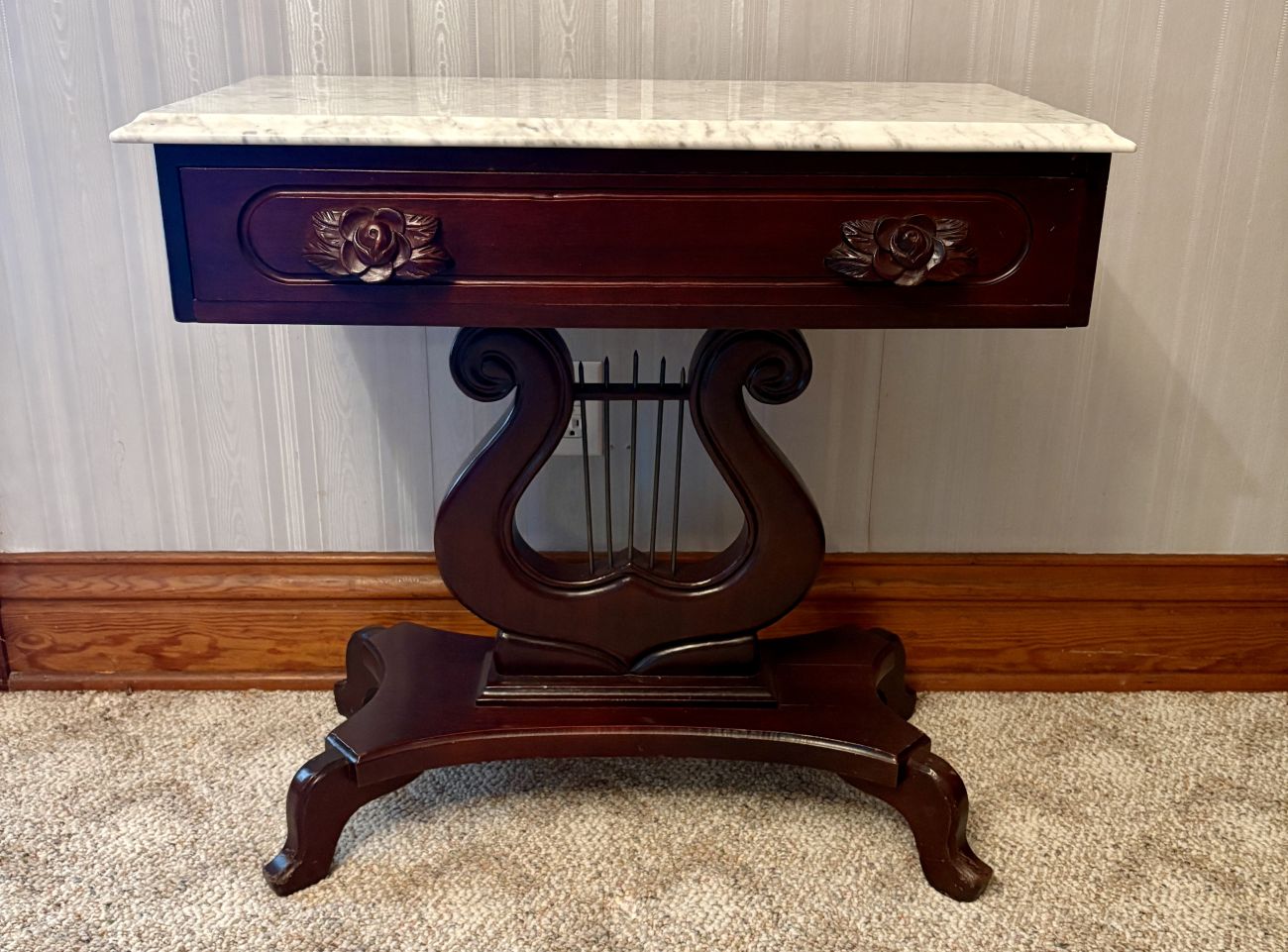 American Empire Style Lyre Base Marble Top Side Table