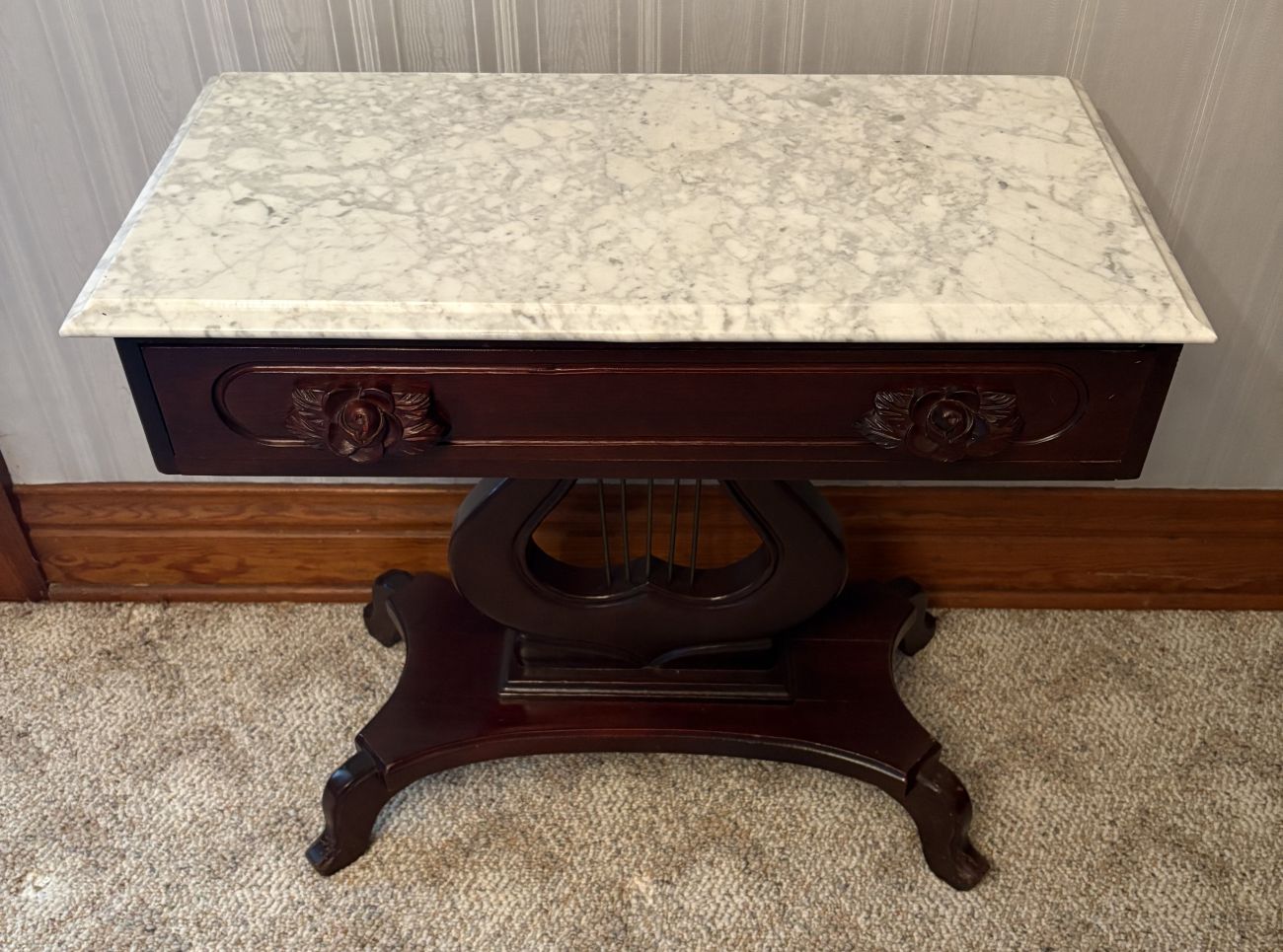 American Empire Style Lyre Base Marble Top Side Table