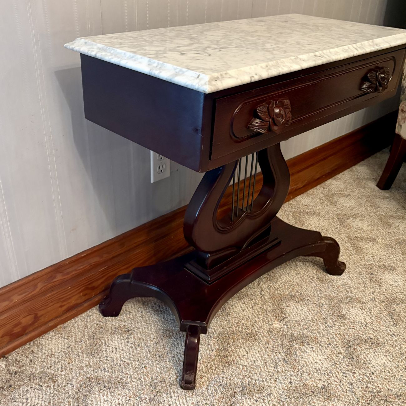 American Empire Style Lyre Base Marble Top Side Table