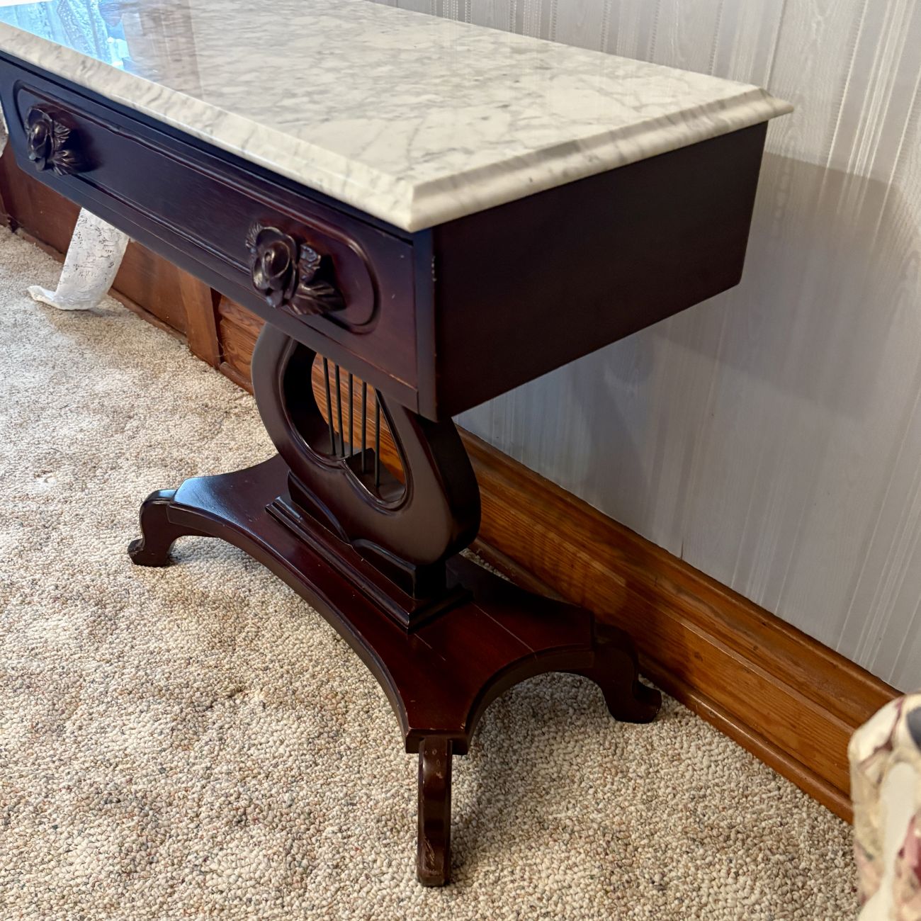 American Empire Style Lyre Base Marble Top Side Table
