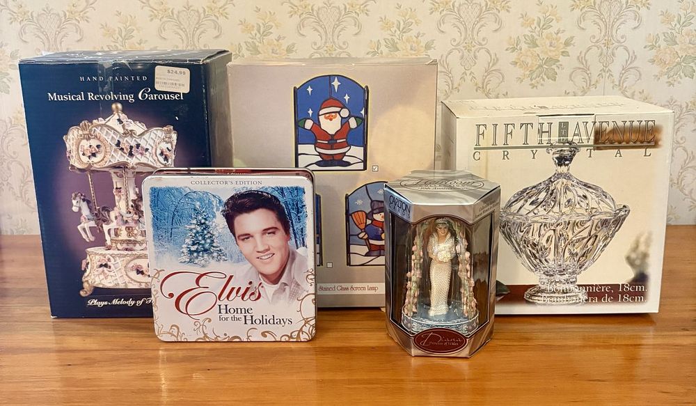 Lot 407: Fifth Avenue Crystal, Carlton Cards Princess Diana Figurine & Elvis Presley Tin