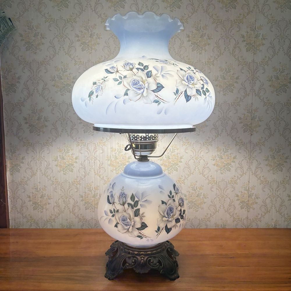 Lot 413: Hand Painted Blue Floral Milk Glass Three Way Hurricane Table Lamp