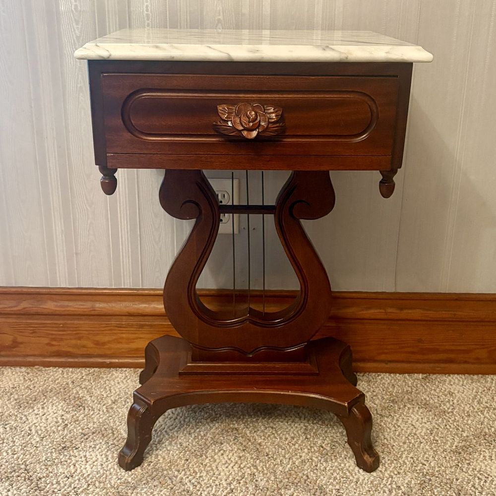 Lot 415: Vintage Mahogany Lyre Base Side Table with Italian Marble Top