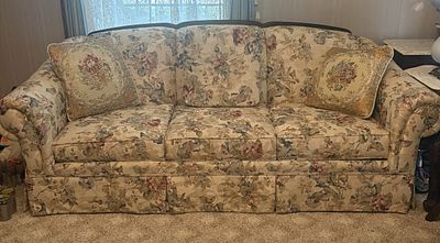 Broyhill Floral Tapestry Upholstered Three Cushion Sofa with Exposed Wood Trim. NOT AVAILABLE 