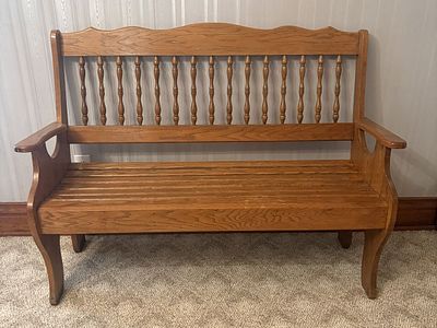 American Spindle Back Oak Settle Bench. NOT AVAILABLE FOR SHIPPING, PICK UP OR TRANSPORT ONLY - 