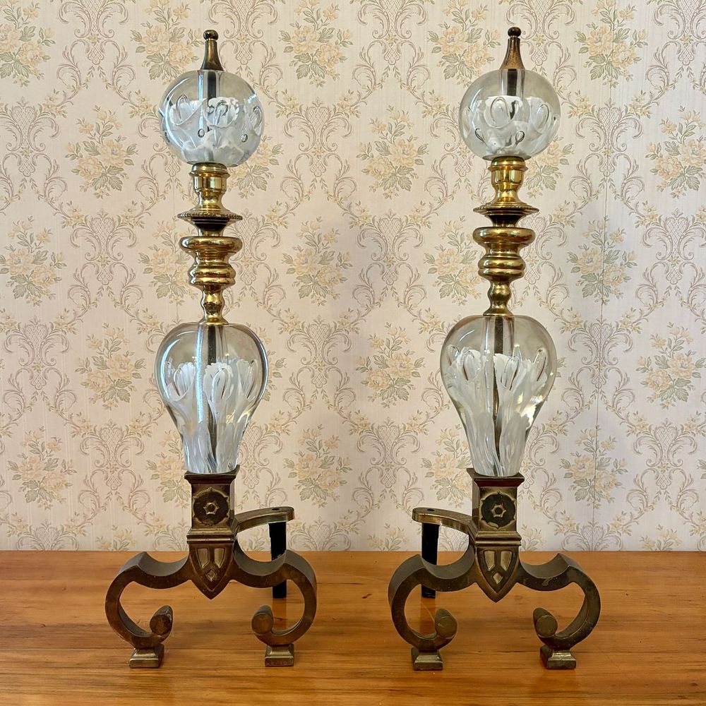 Lot 429: Pair of Brass and Glass Floral Paperweight Andirons