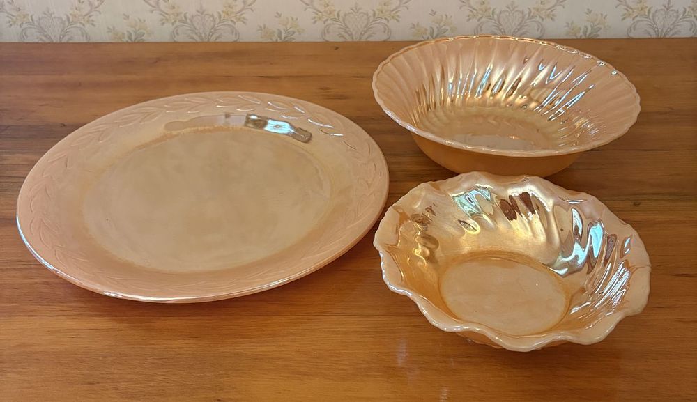 Lot 451: A Trio of Fire-King Peach Lustre Oven Ware Tableware Pieces