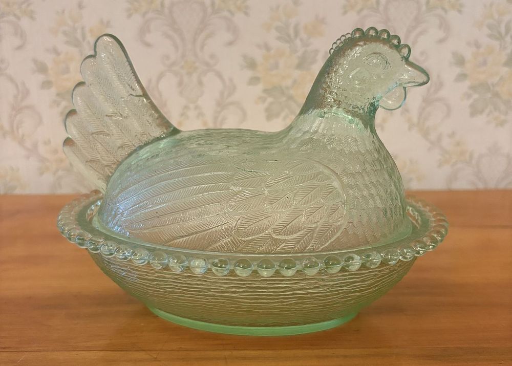 Lot 491: Vintage Translucent Green Pressed Glass Hen on Nest Covered Dish