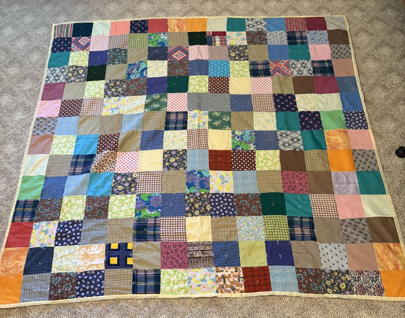 Large Mid-Century Patchwork Hand Tied Scrap Quilt