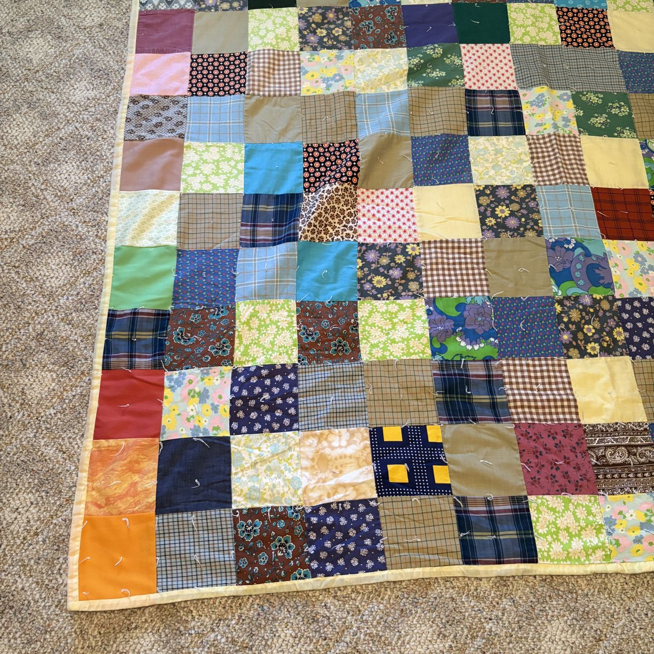 Large Mid-Century Patchwork Hand Tied Scrap Quilt