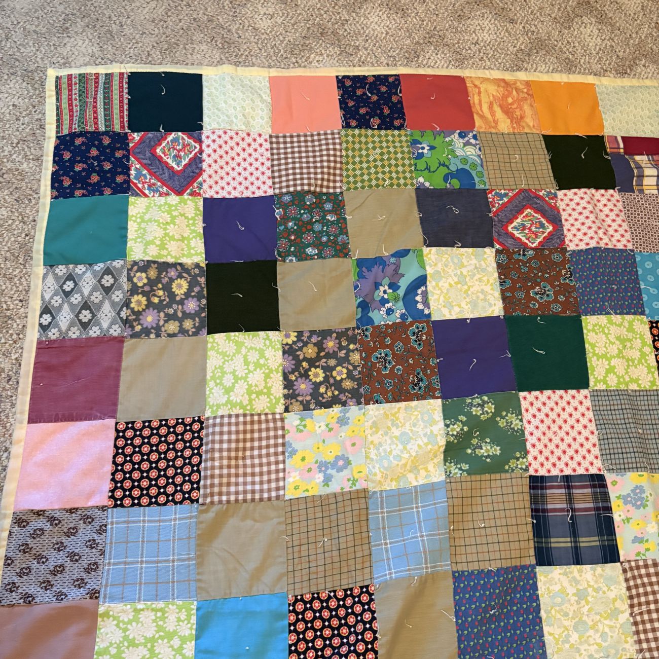 Large Mid-Century Patchwork Hand Tied Scrap Quilt