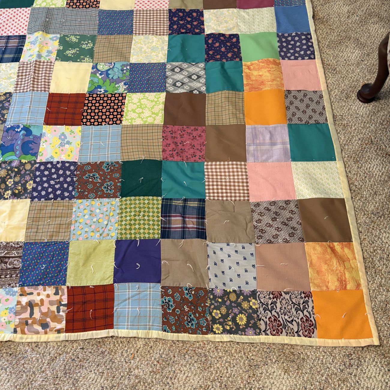 Large Mid-Century Patchwork Hand Tied Scrap Quilt