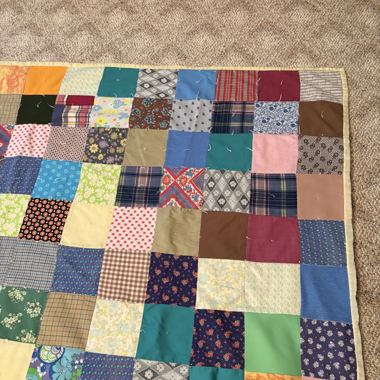 Large Mid-Century Patchwork Hand Tied Scrap Quilt