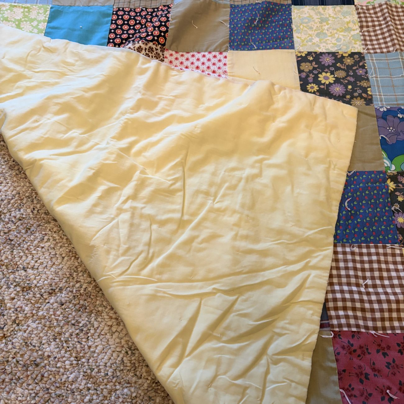Large Mid-Century Patchwork Hand Tied Scrap Quilt