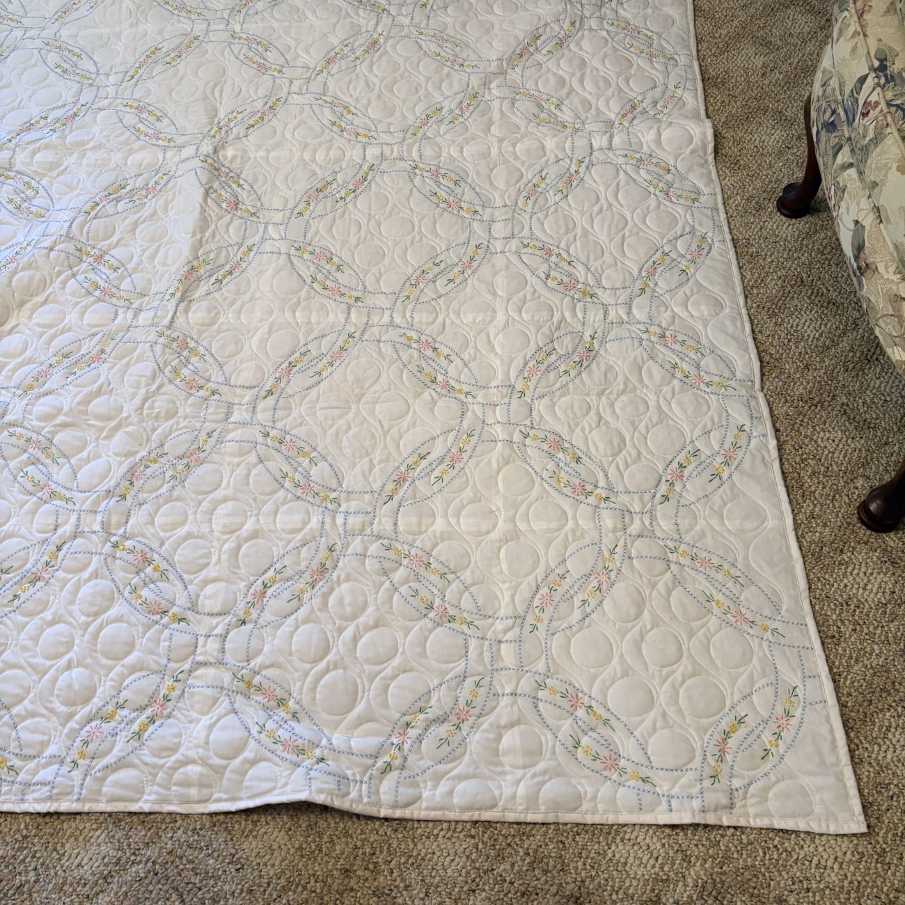 Hand Embroidered and Machine Quilted Double Wedding Ring Pattern Bedspread