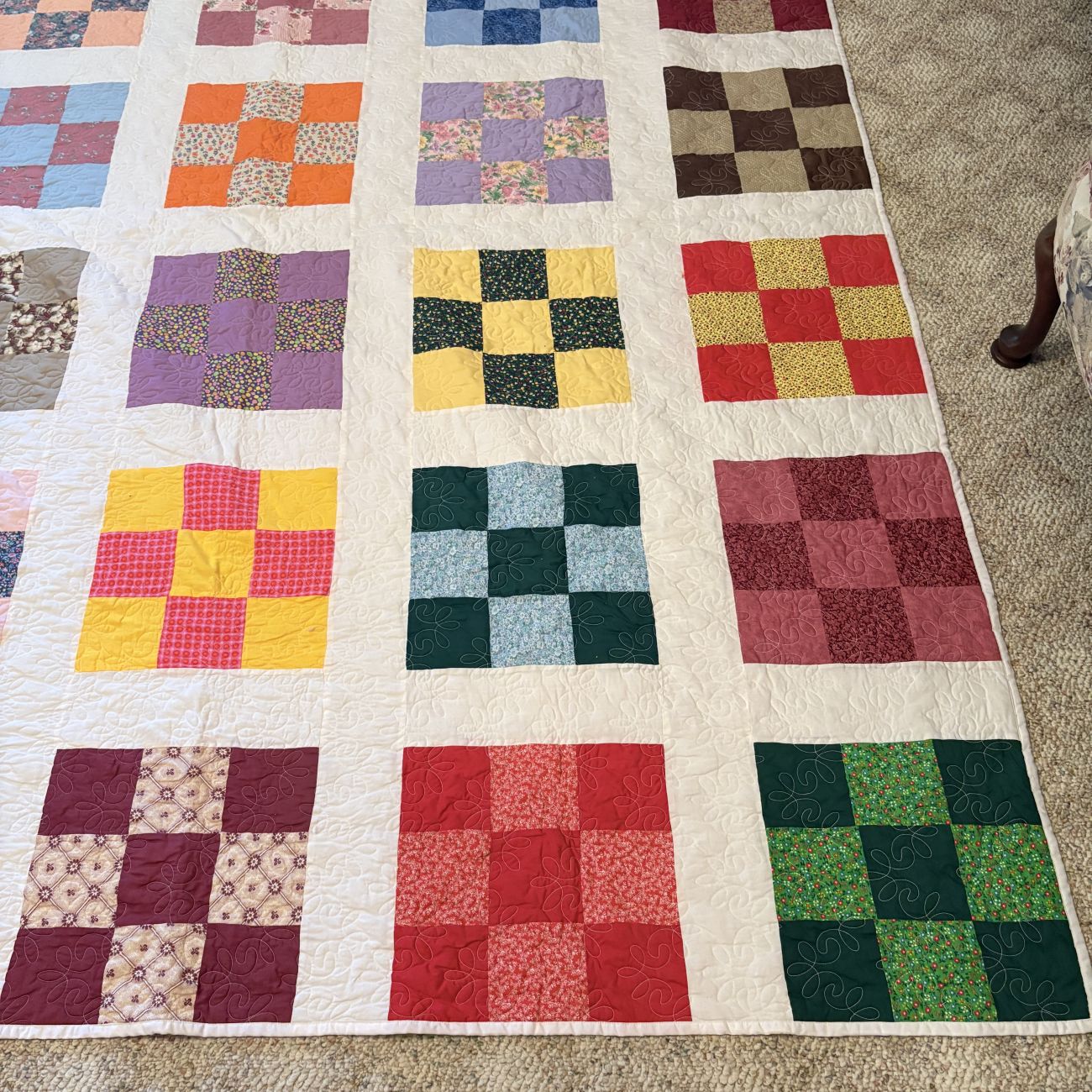 Large Multi-Color Cotton Nine-Patch Machine Quilted Bedspread