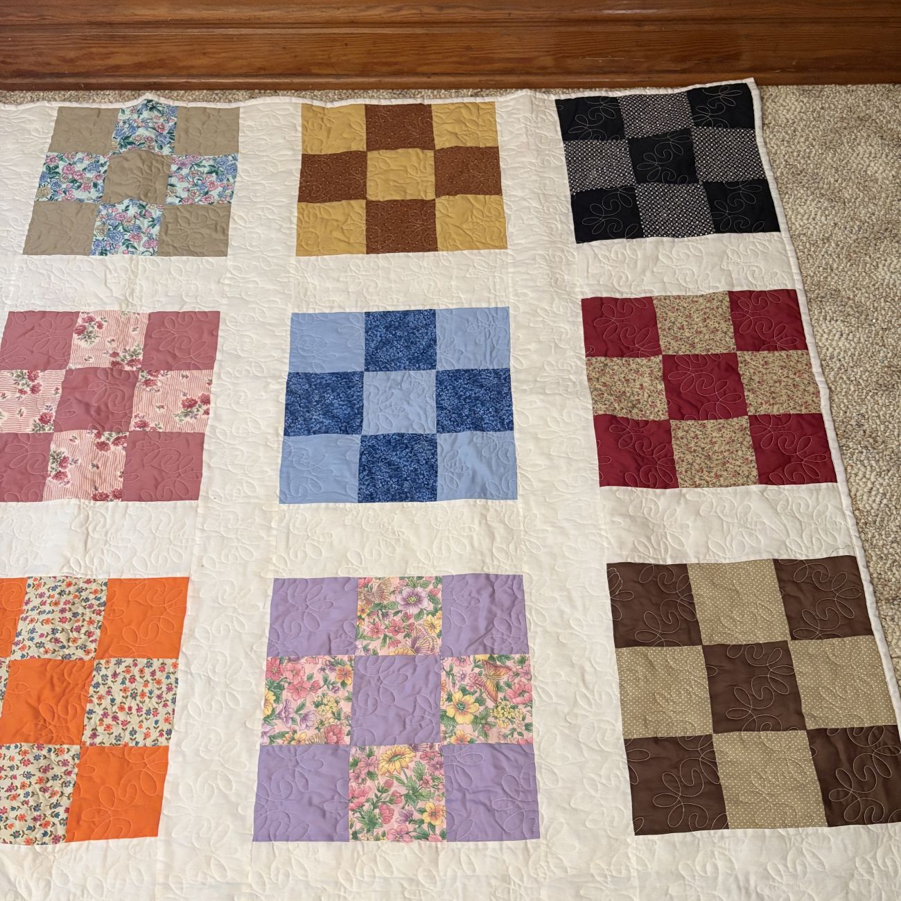 Large Multi-Color Cotton Nine-Patch Machine Quilted Bedspread