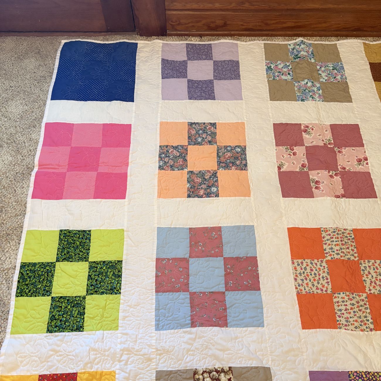 Large Multi-Color Cotton Nine-Patch Machine Quilted Bedspread