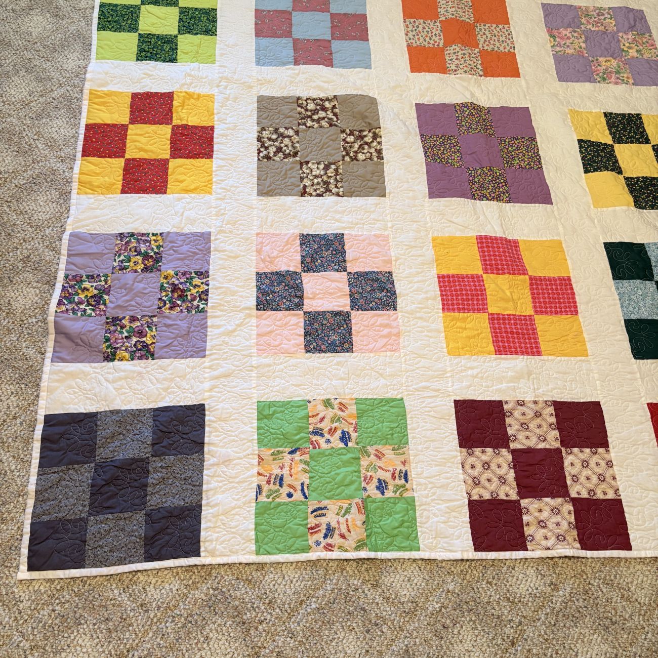 Large Multi-Color Cotton Nine-Patch Machine Quilted Bedspread