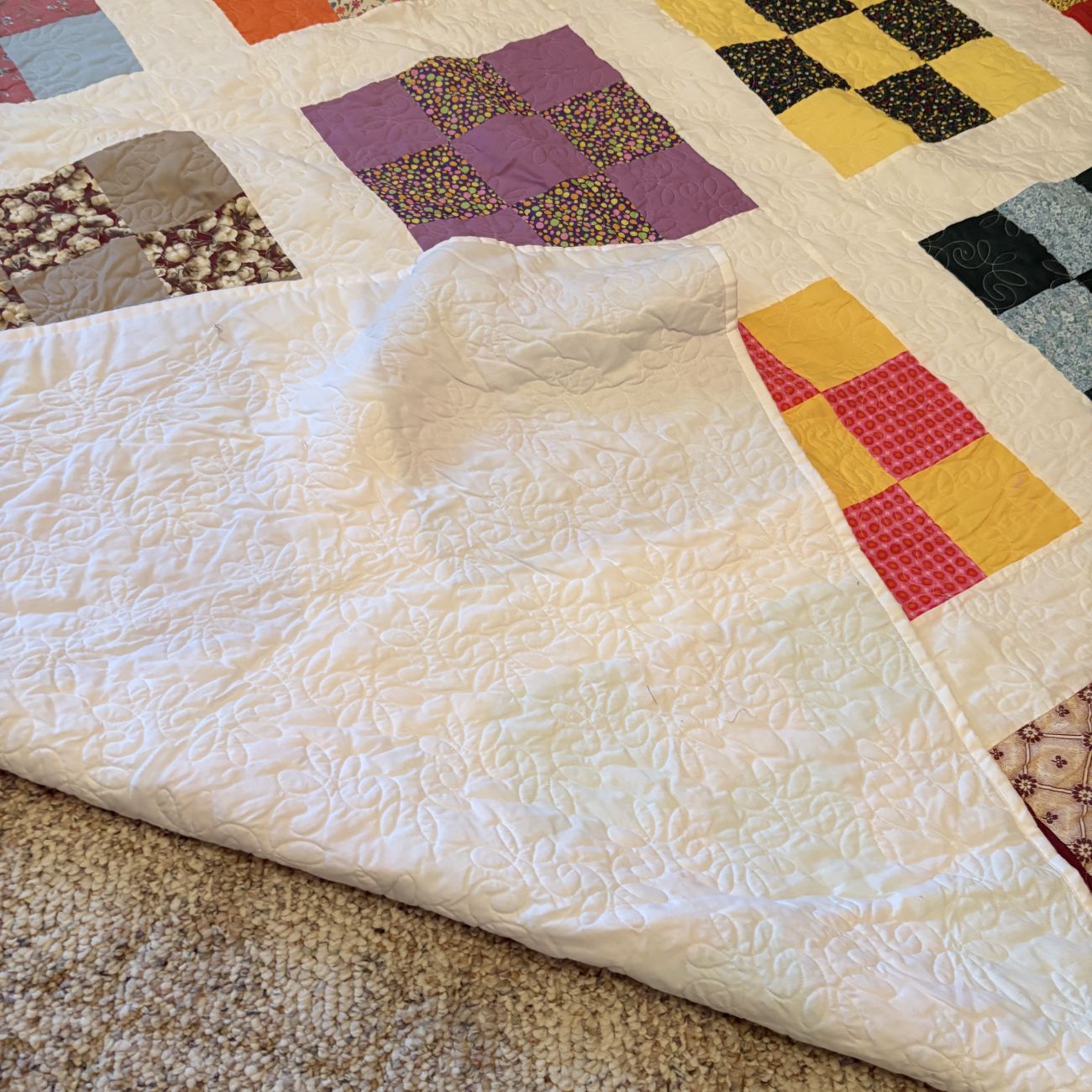 Large Multi-Color Cotton Nine-Patch Machine Quilted Bedspread