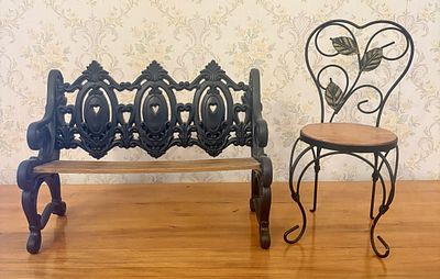 Two American Miniature Garden Bench and Heart-Back Chair Displays. This lot features two 