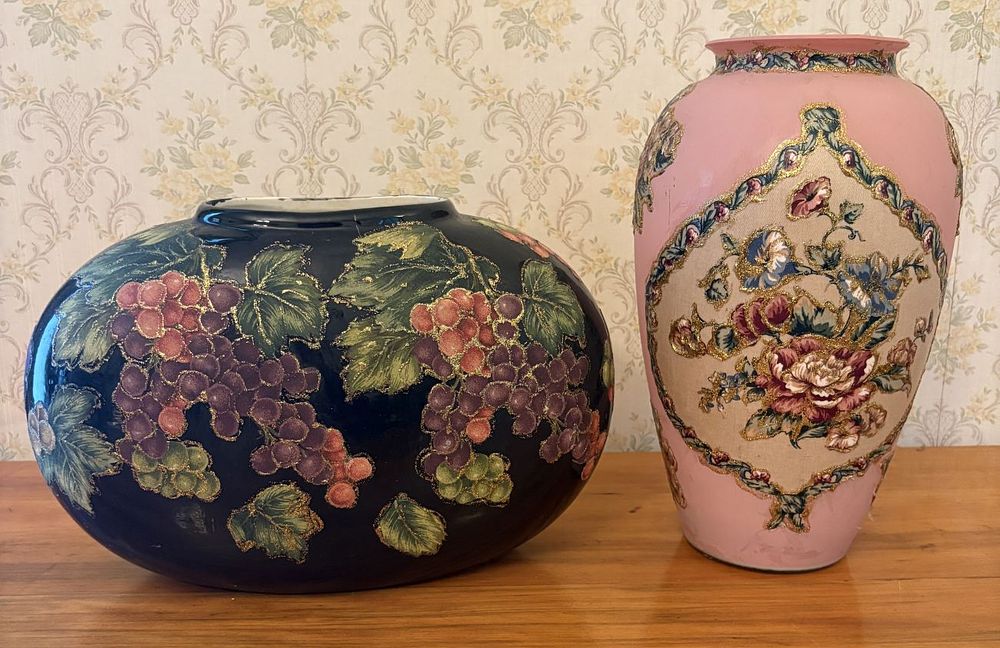 Lot 519: Two Earthenware Vases with Raised Textured Floral and Grape Decoration
