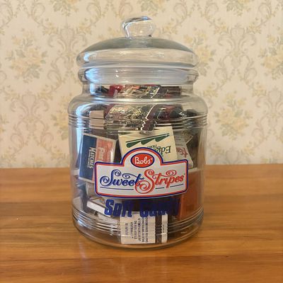 Bobs Sweet Stripes Soft Candy 80th Anniversary Glass Jar and Assorted Advertising Matchbook 