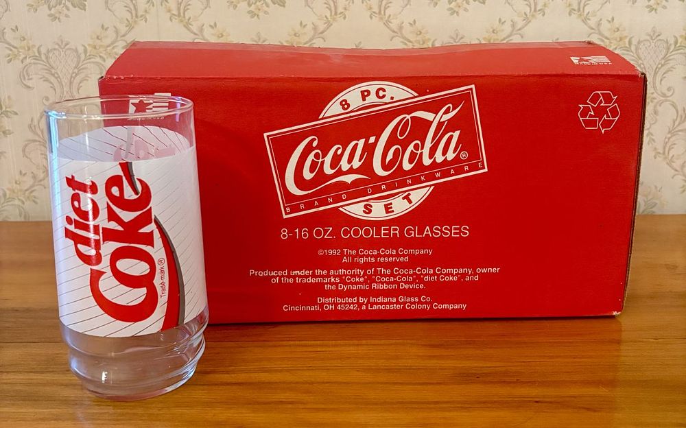 Lot 529: Set of Eight 16 Ounce Diet Coke Cooler Glasses by Indiana Glass Co. in Original Box