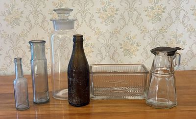 An Assortment of Vintage and Antique Glassware Including Apothecary Jar and Labeled Salt Box. A 