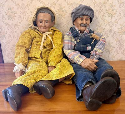 A Pair of Life-Sized Folk Art Grandparent Shelf-Sitter Dolls. A pair of vintage life-sized folk 