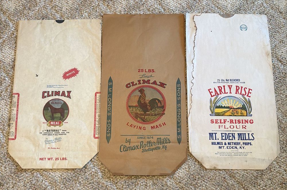 Lot 551: Three Vintage Kentucky Feed and Flour Sacks Including Climax Mills and Mt. Eden Mills