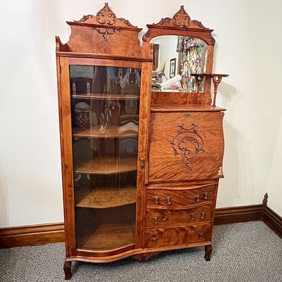 Victorian Tiger Oak Side By Side Secretary Desk and Curved Glass Display Cabinet. NOT AVAILABLE 