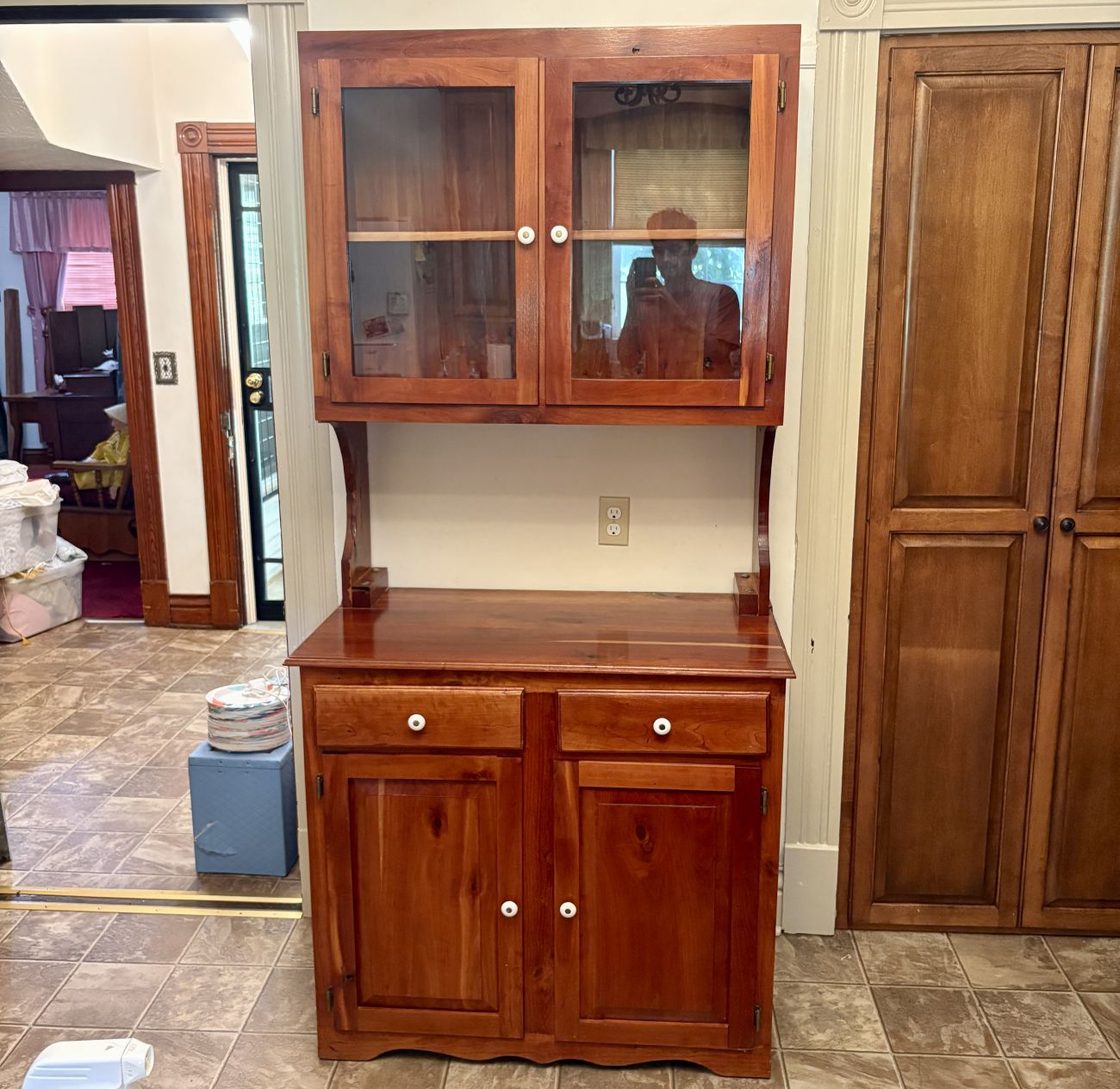 Two Piece Pine Step Back Hutch with Glazed Upper Cabinet