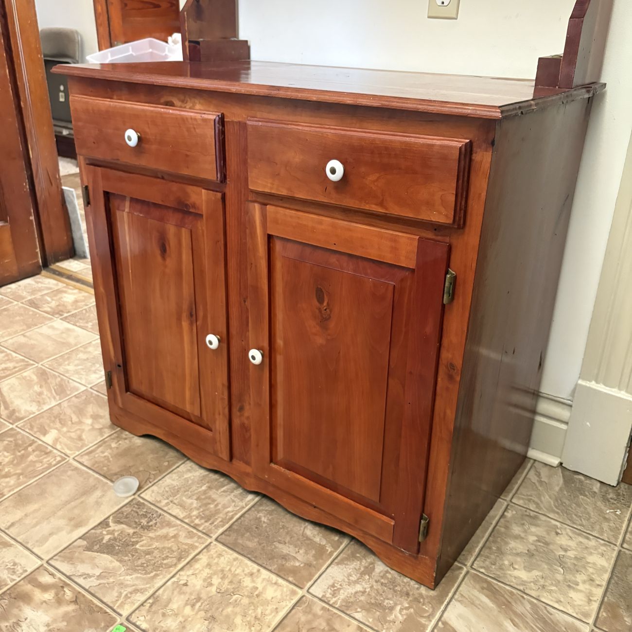 Two Piece Pine Step Back Hutch with Glazed Upper Cabinet