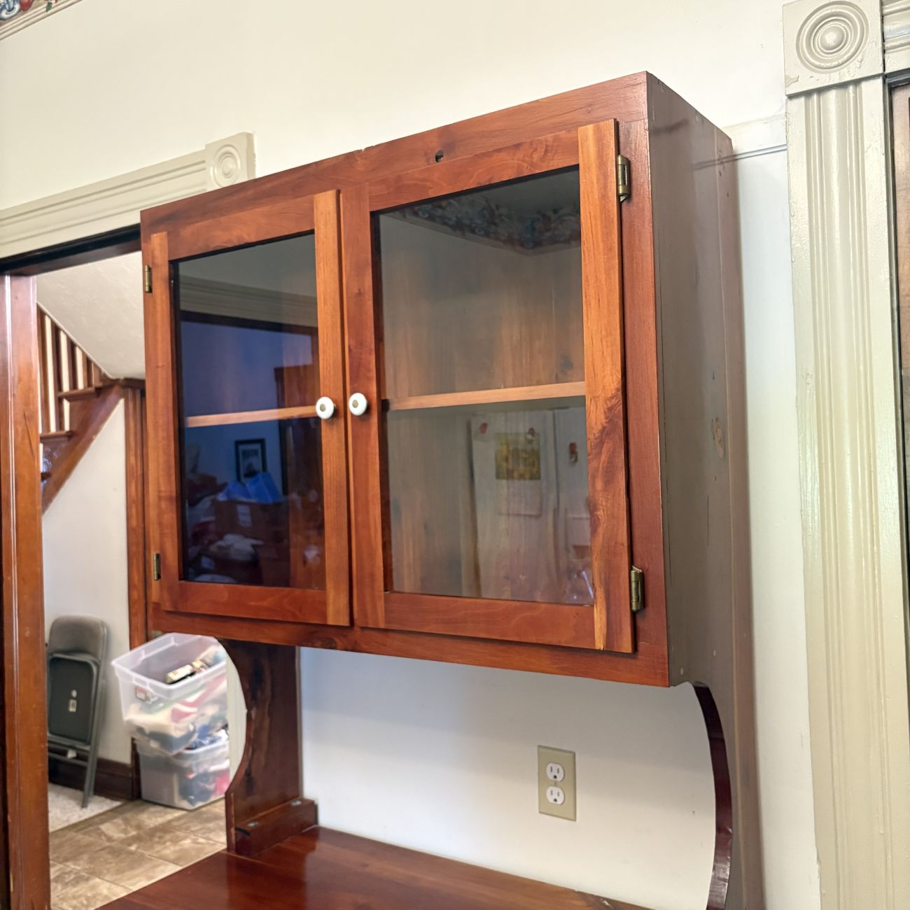 Two Piece Pine Step Back Hutch with Glazed Upper Cabinet