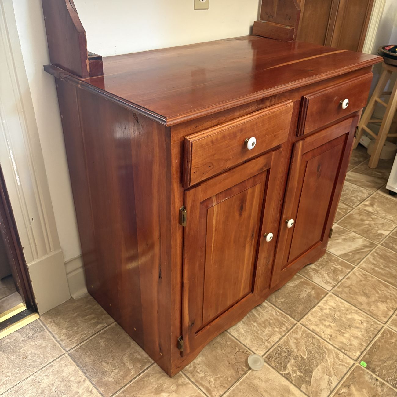 Two Piece Pine Step Back Hutch with Glazed Upper Cabinet