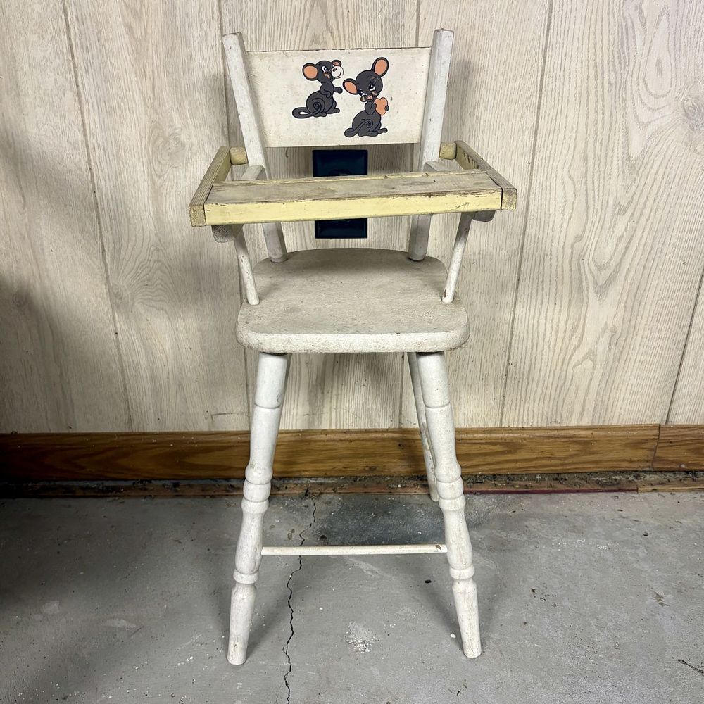 Lot 673: Vintage Wooden Doll High Chair with Cartoon Mouse Decal