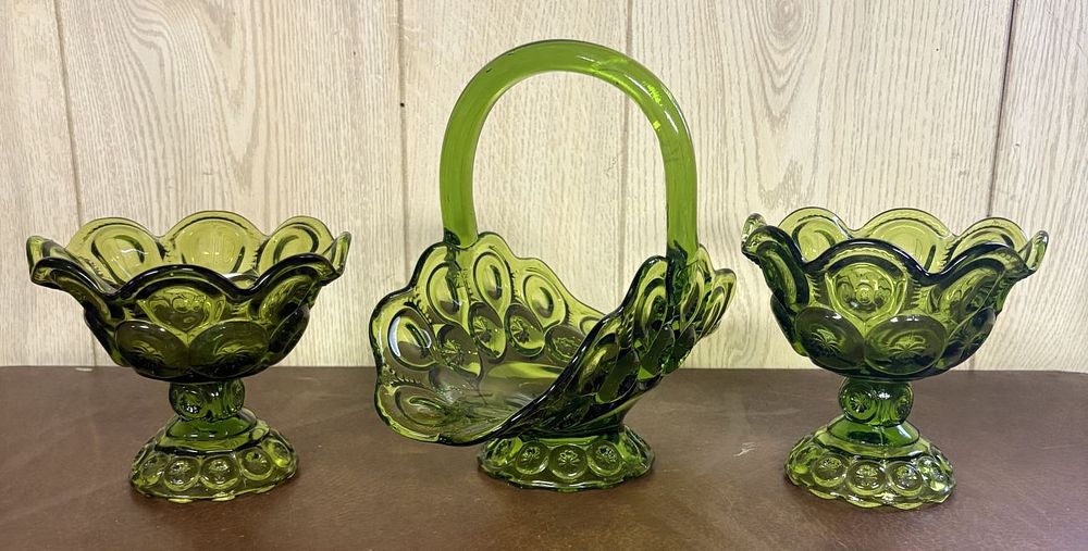 Lot 686: A Trio of Avocado Green Pressed Glass Tableware in Moon and Star Pattern