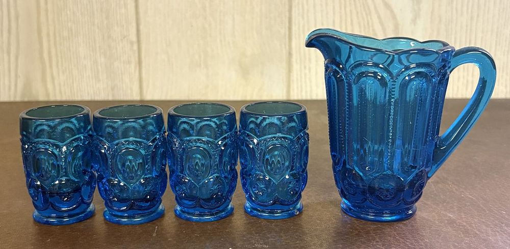 Lot 704: A Set of Moon and Star Pattern Teal Blue Pressed Glassware