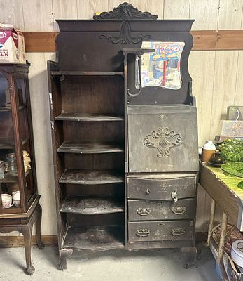 Late Victorian Side by Side Secretary Bookcase with Carved North Wind Crest. NOT AVAILABLE FOR 