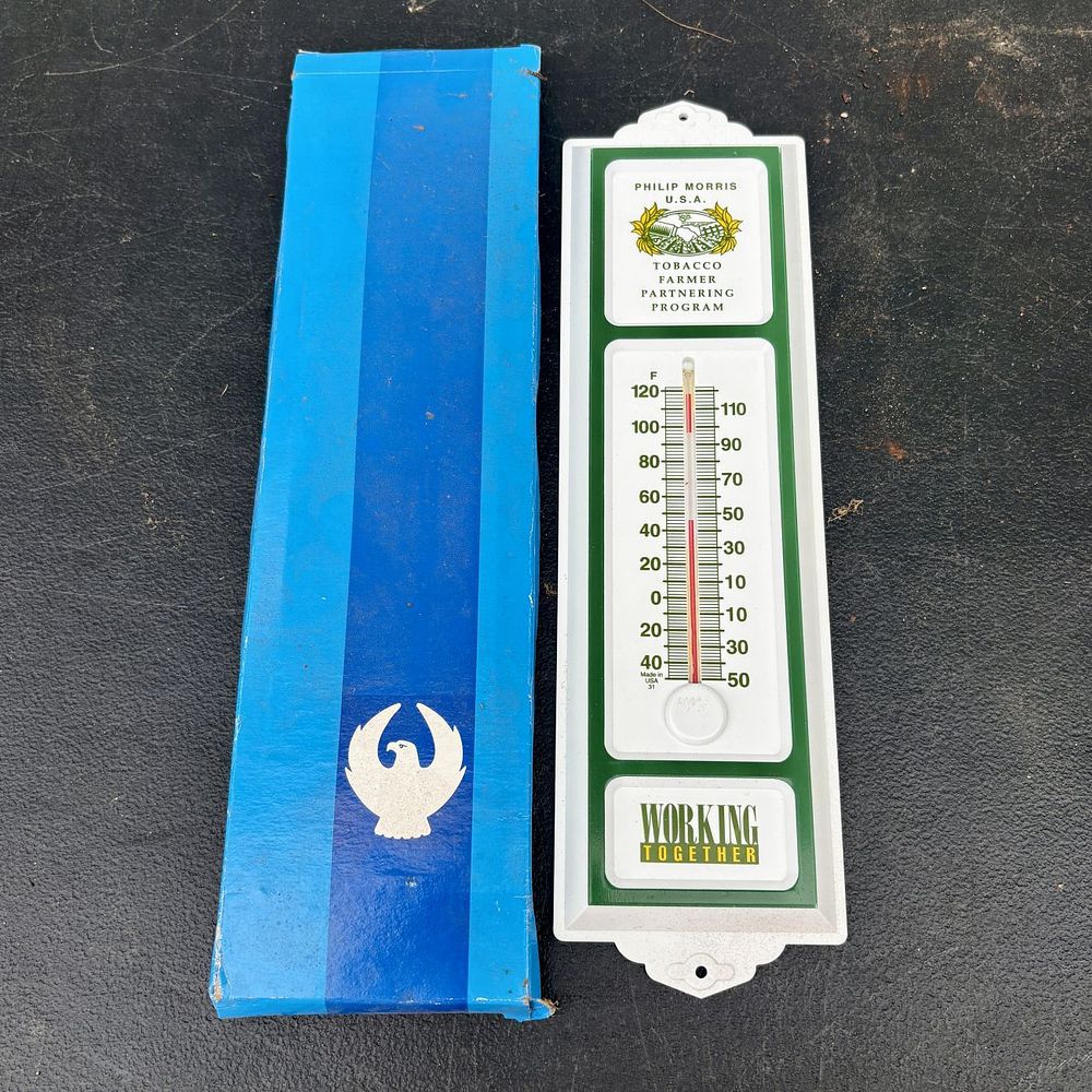 Lot 789: Philip Morris U.S.A. Tobacco Farmer Partnering Program Metal Advertising Thermometer with Original Box