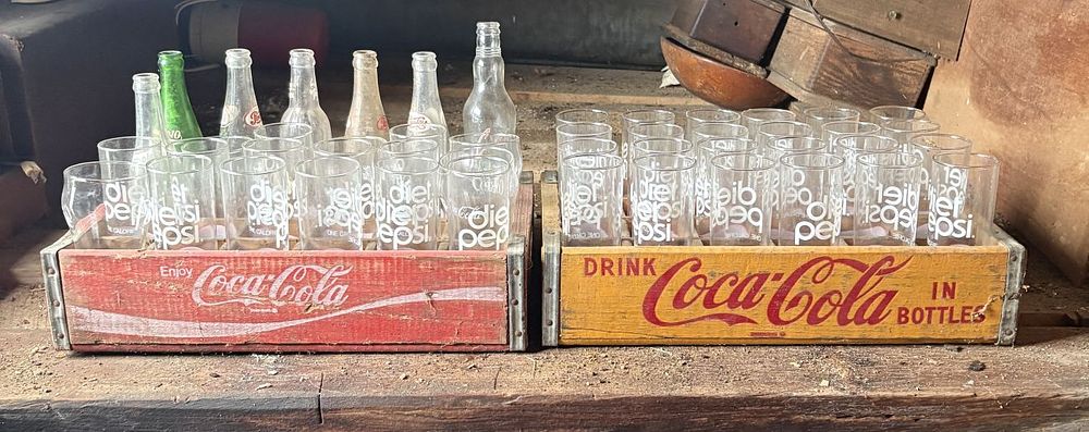 Lot 796: Two Vintage Wooden Coca-Cola Beverage Crates Containing a Collection of Soda Bottles and Diet Pepsi Glassware