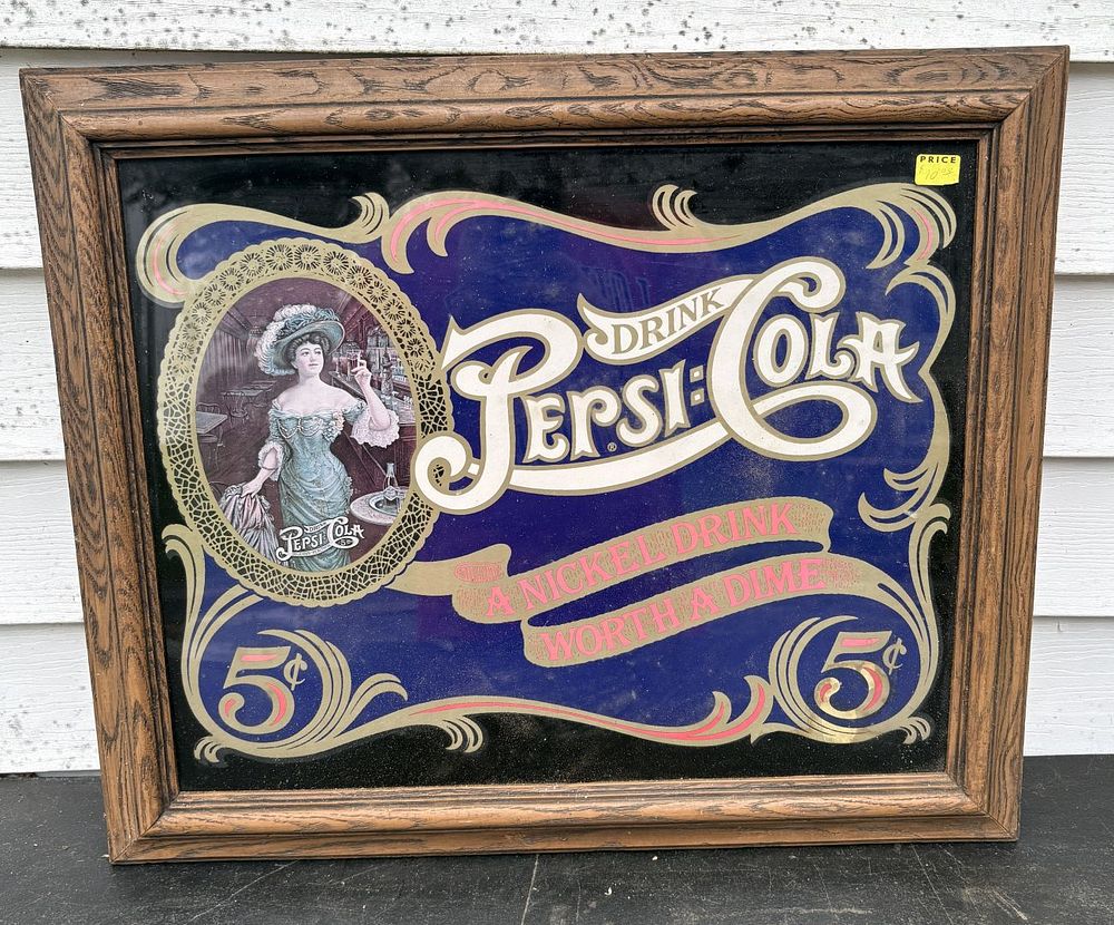 Lot 804: Vintage Pepsi-Cola Advertising Mirror in Wood Frame
