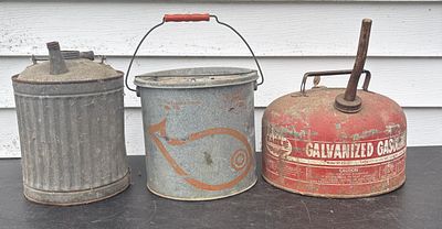 A Trio of Vintage Galvanized Metal Containers Including Eagle Gasoline Can and My Buddy Minnow 