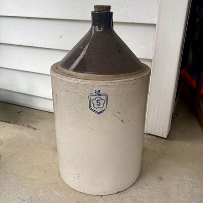 Two-Tone Stoneware 5-Gallon Shoulder Jug with Cobalt Stencil. A large cylindrical stoneware 