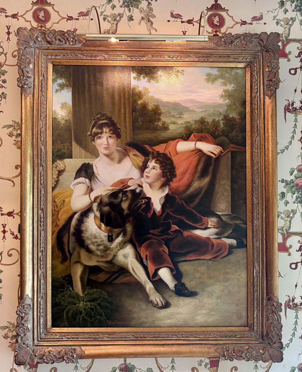 John Dawson, Large Portrait of a Mother and Son with a Dog, Oil on Canvas
