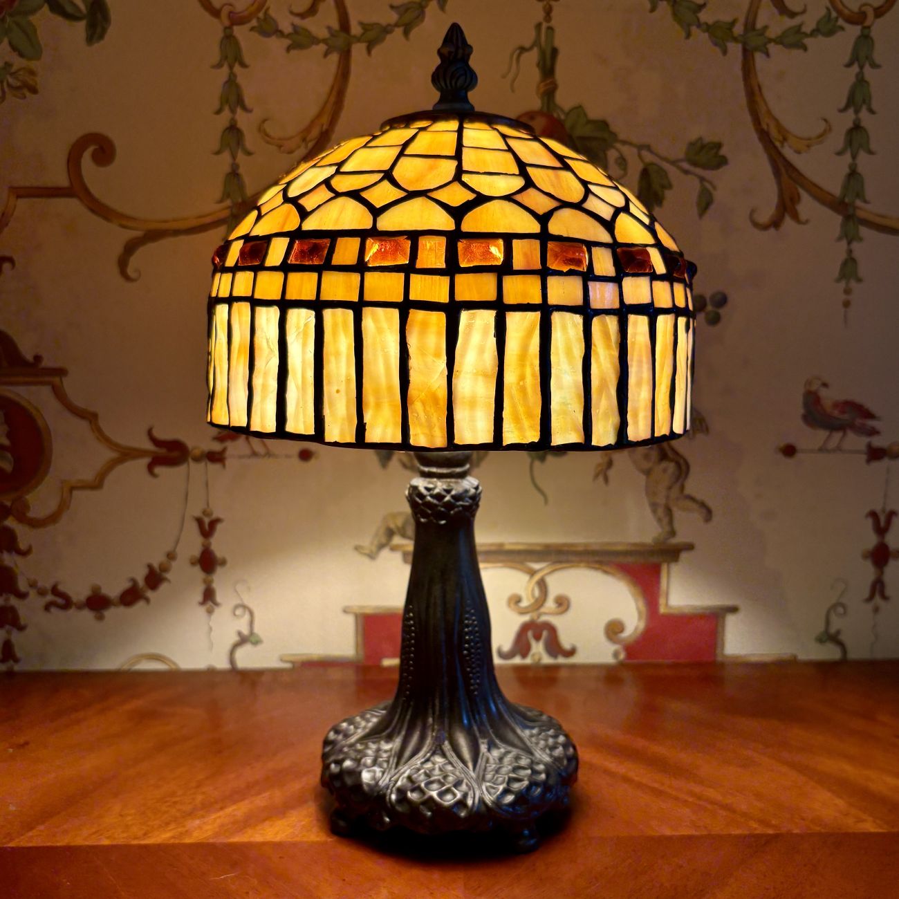 Leaded Glass and Jeweled Bronze Finish Table Lamp